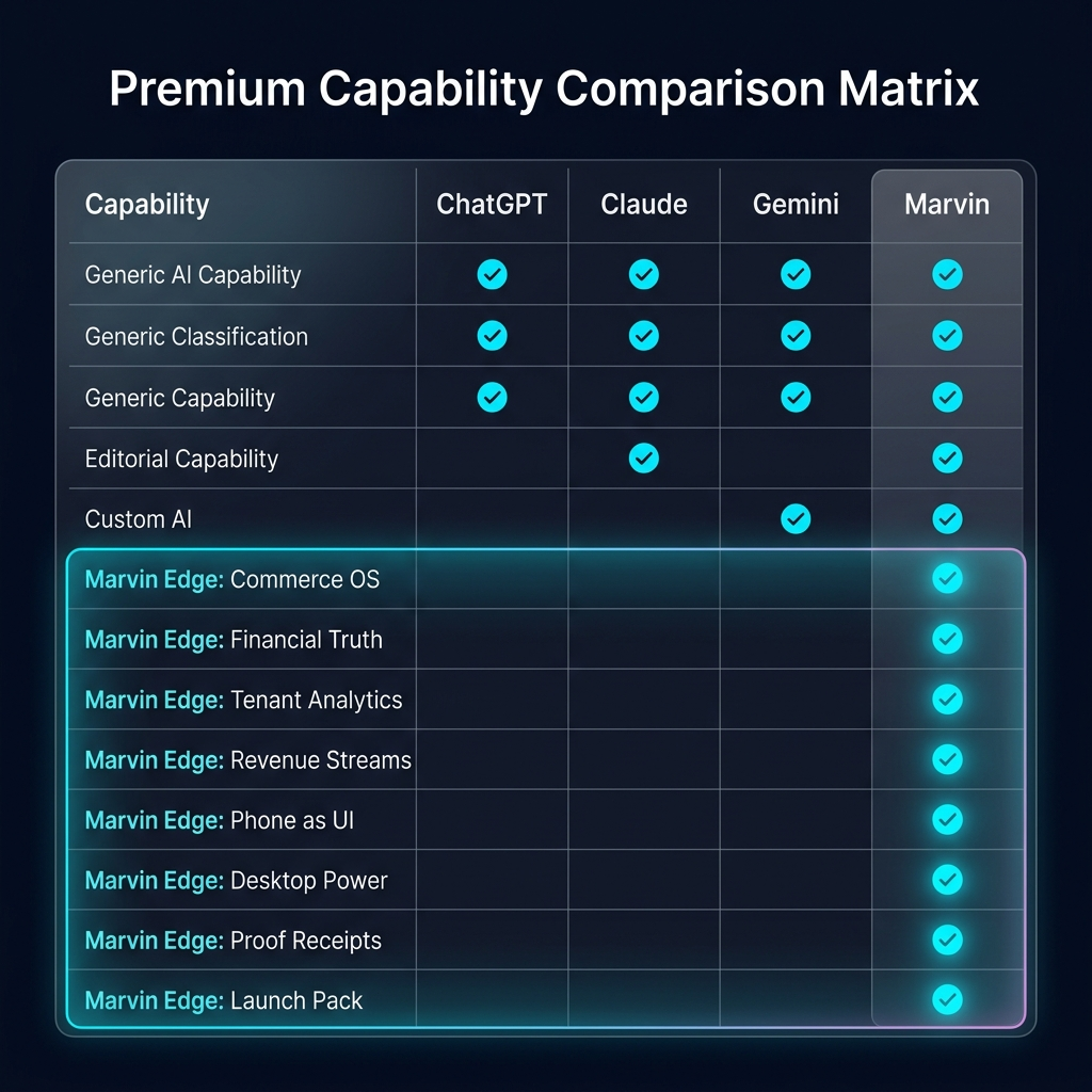 Expanded SOTA comparison matrix: 24 capabilities, 8 Marvin edge rows